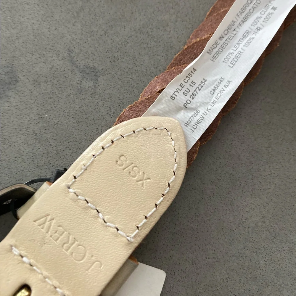 J. Crew Tan Cream Ivory with Brass Buckle Leather Braided Belt Size XS/S - Picture 2 of 4
